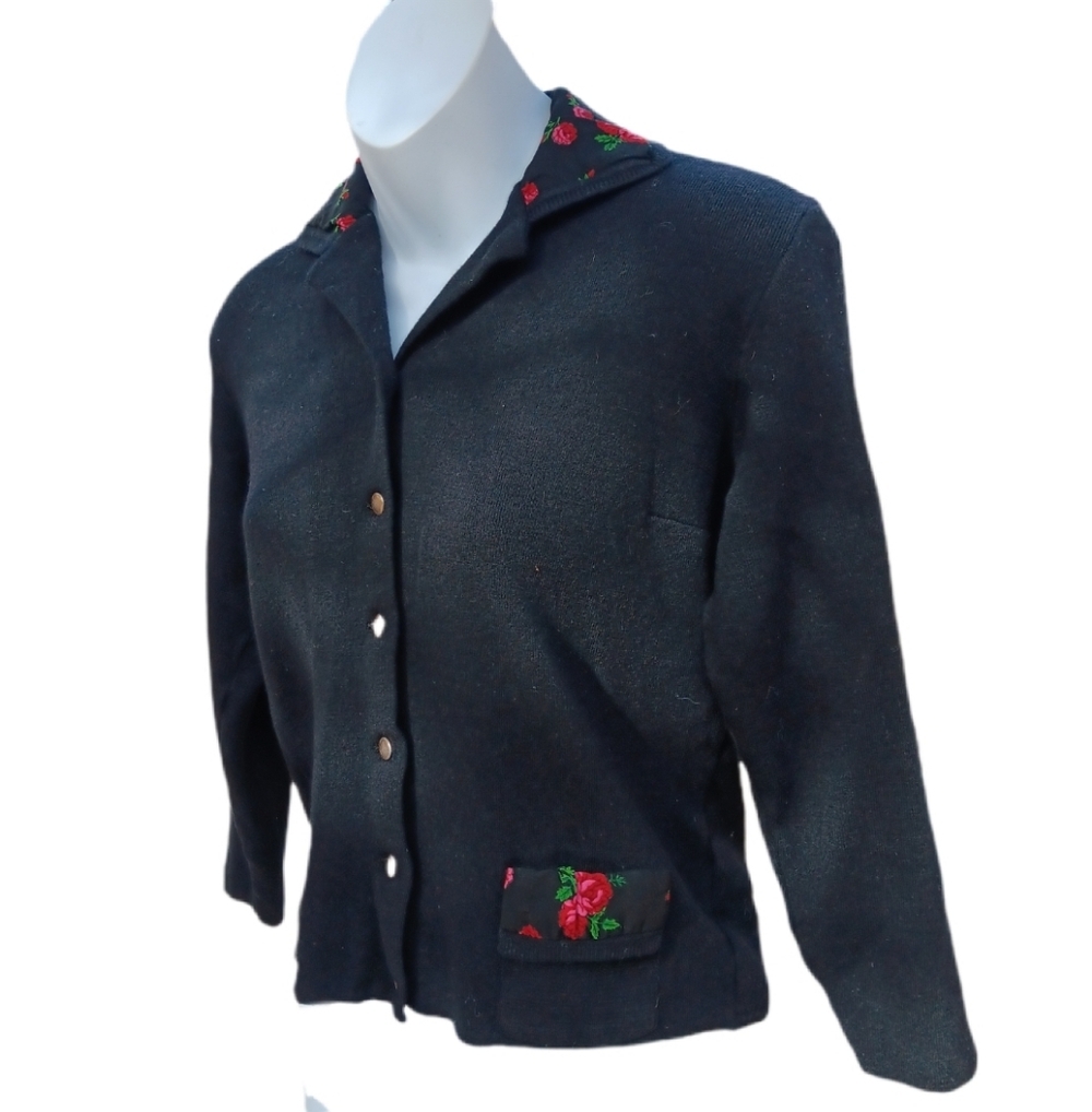 Sweater Jacket Merino Wool Button Down Cropped Black Size S